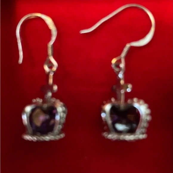 925 Silver Dangle Crown Earrings with Purple Jewels&Silver Toned CZ Bracelet - Picture 4 of 11